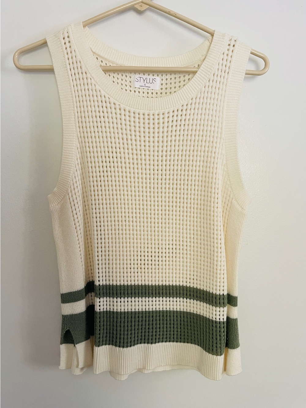 STYLUS Cream Knit Tank with Olive Stripe Detail